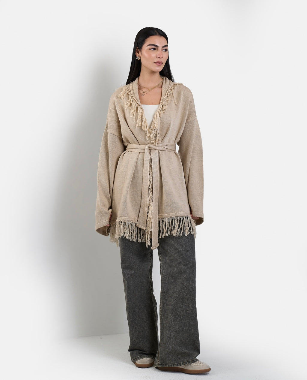 Fringe Knit Cardigan in Beige