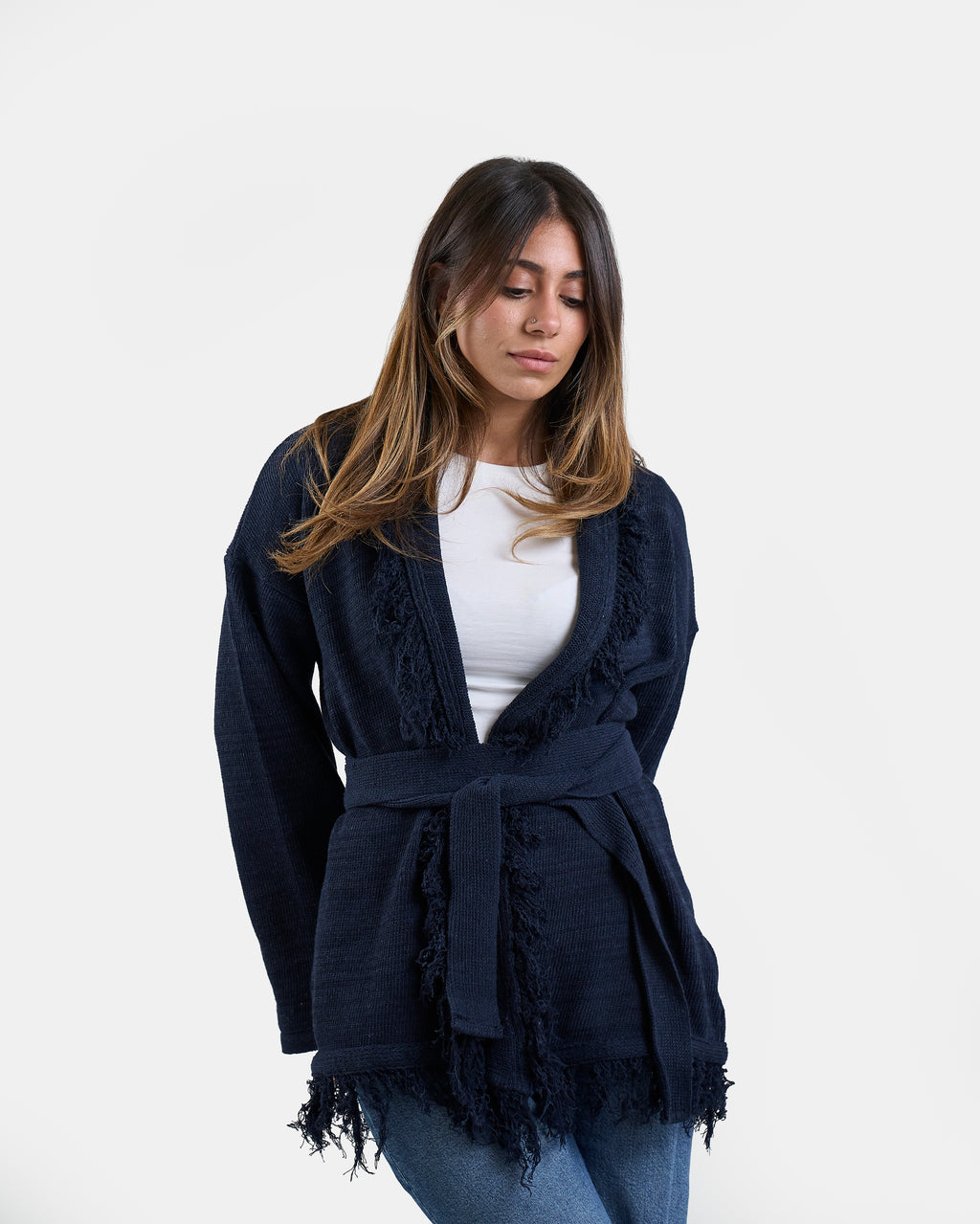 Fringe Knit Cardigan in Navy