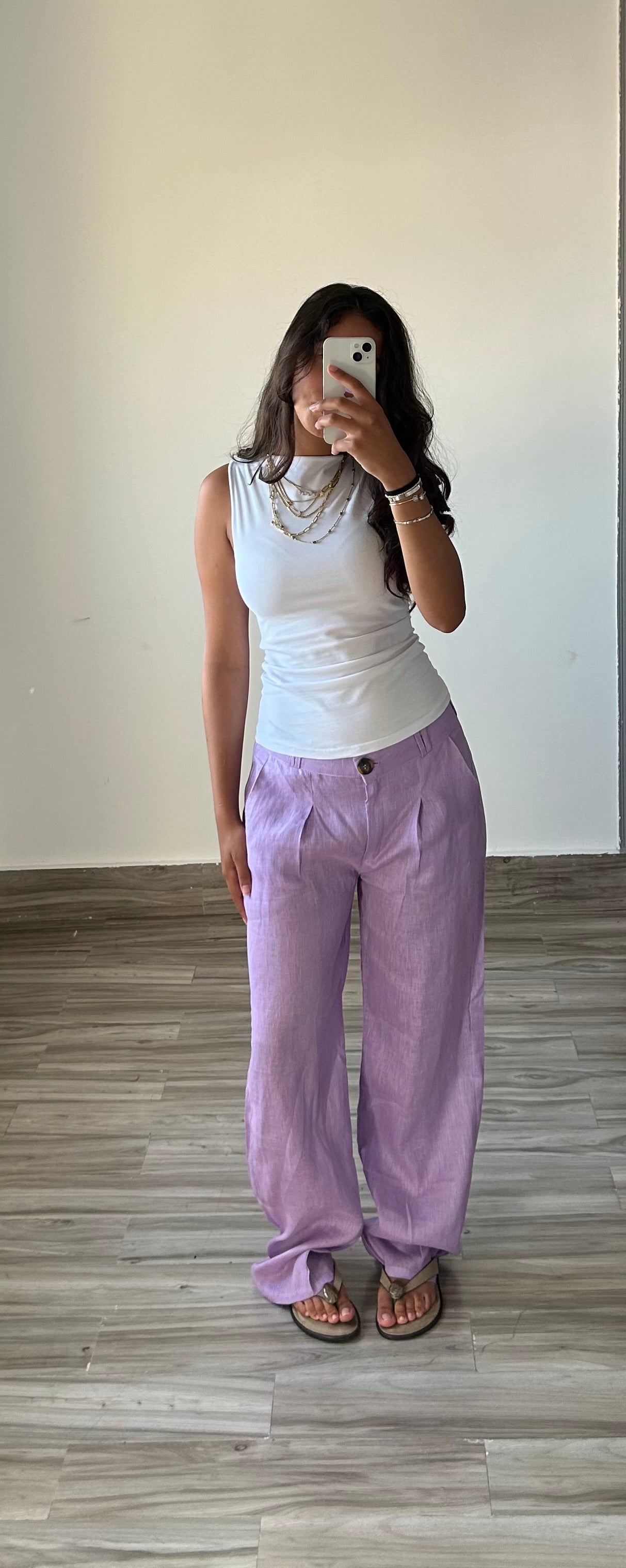 Pure Linen Straight Fit Pants in Lilac