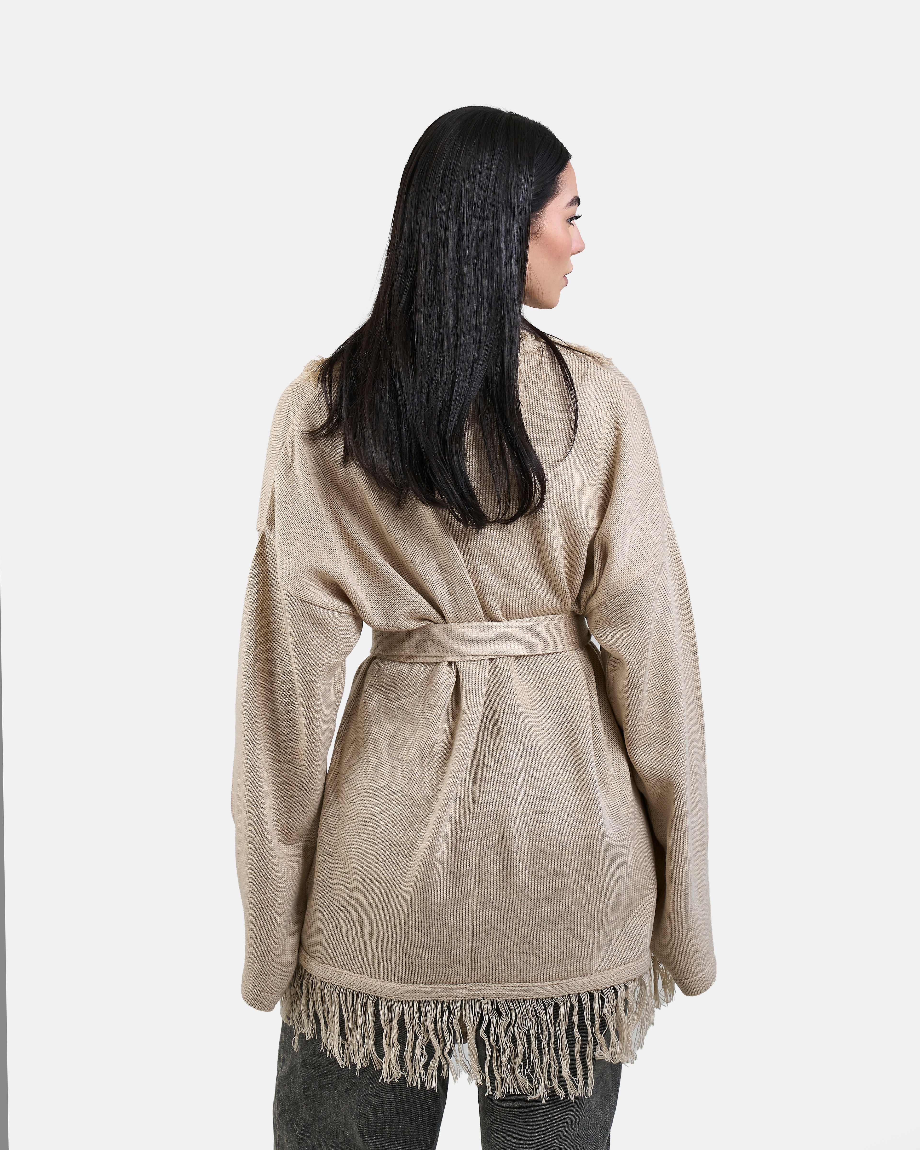 Fringe Knit Cardigan in Beige