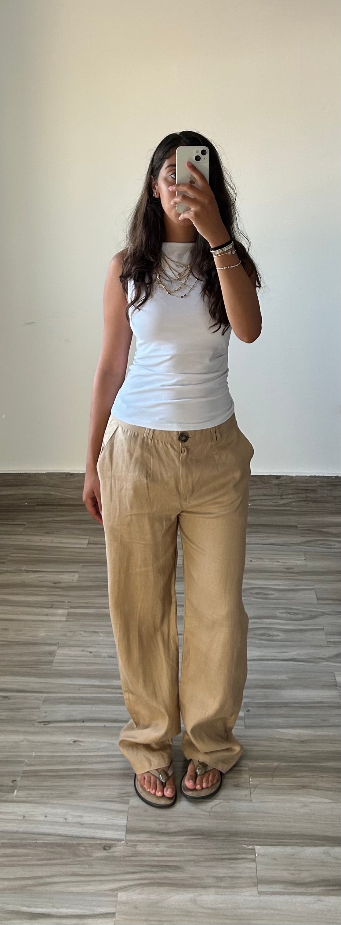 Pure Linen Straight Fit Pants in Beige