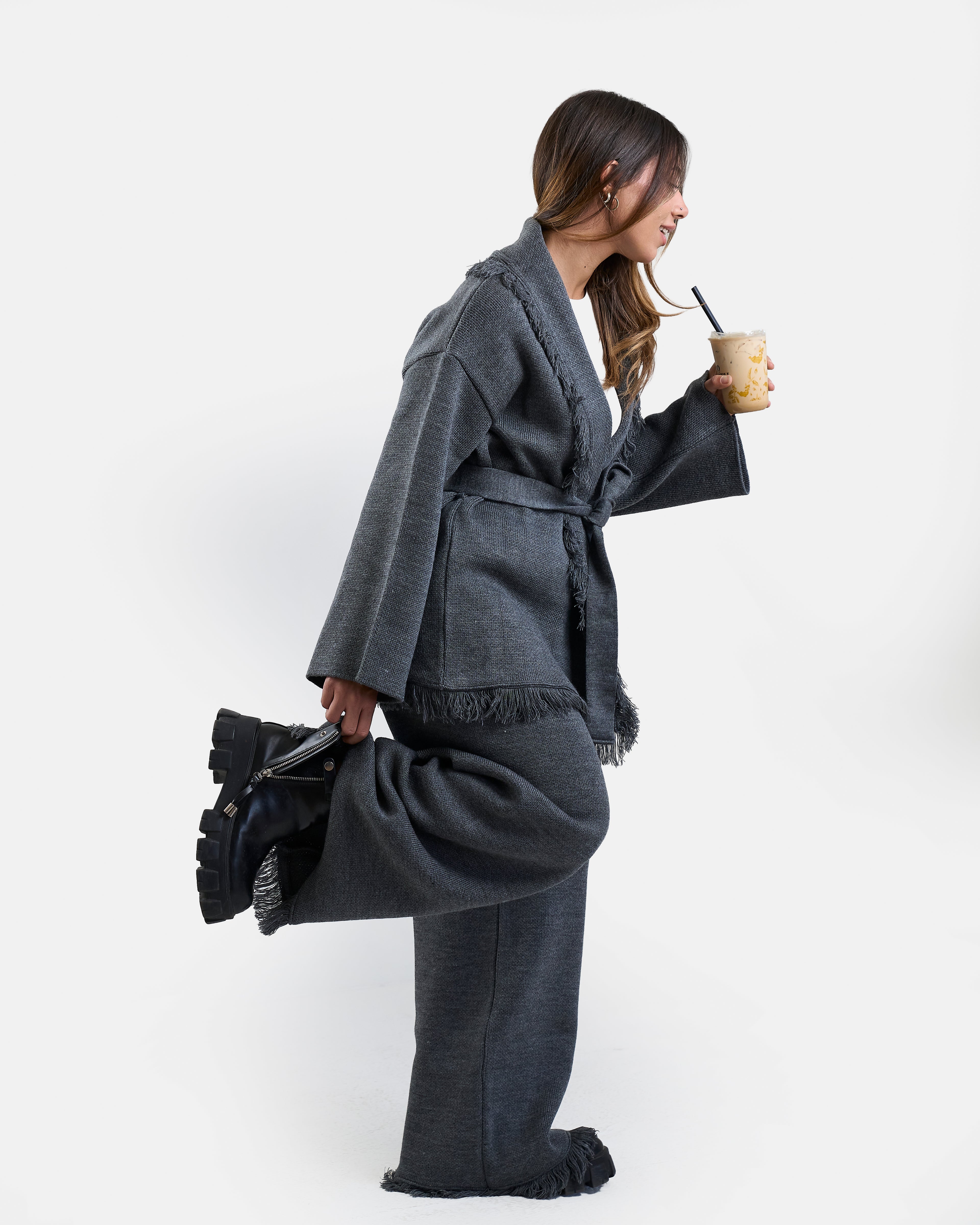Fringe Knit Set in Grey