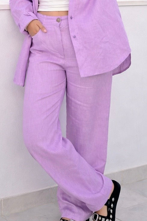 Pure Linen Straight Fit Pants in Lilac