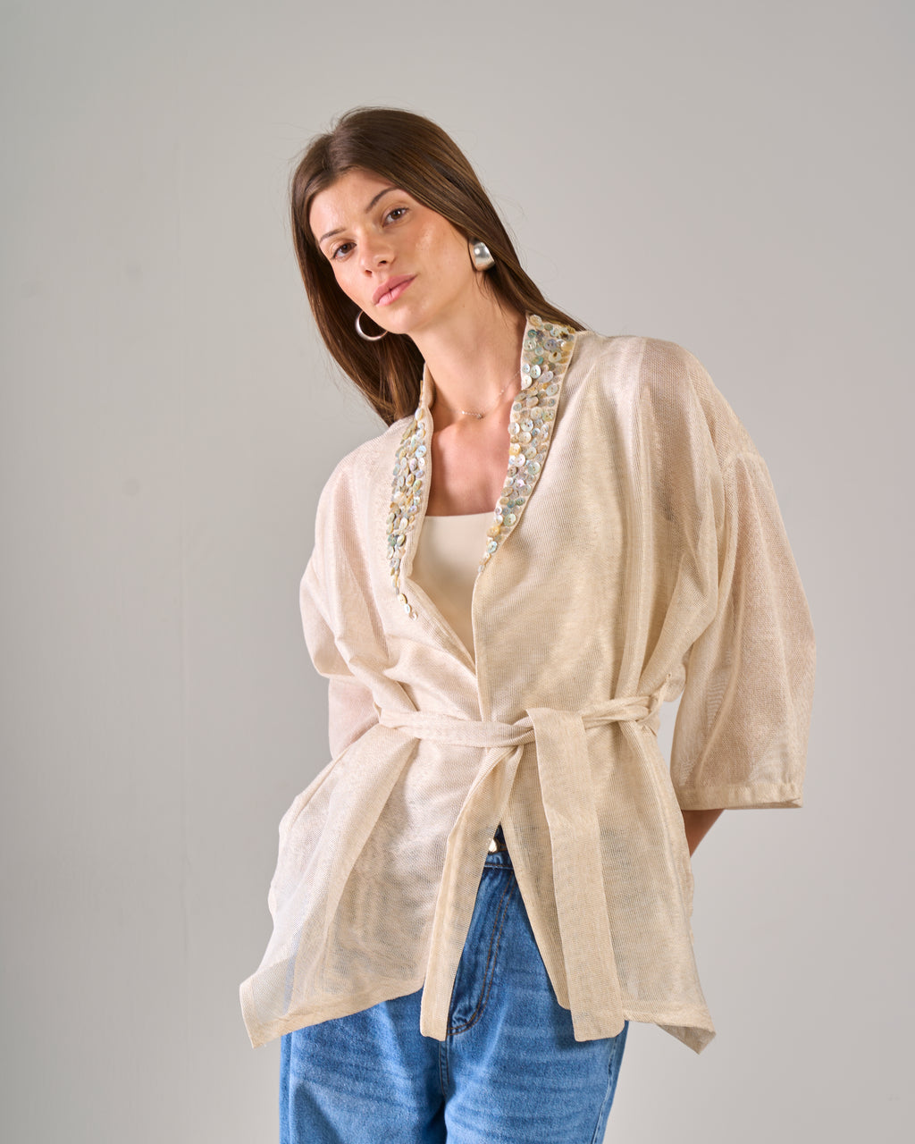 Pearl Buttons Cardigan in Beige