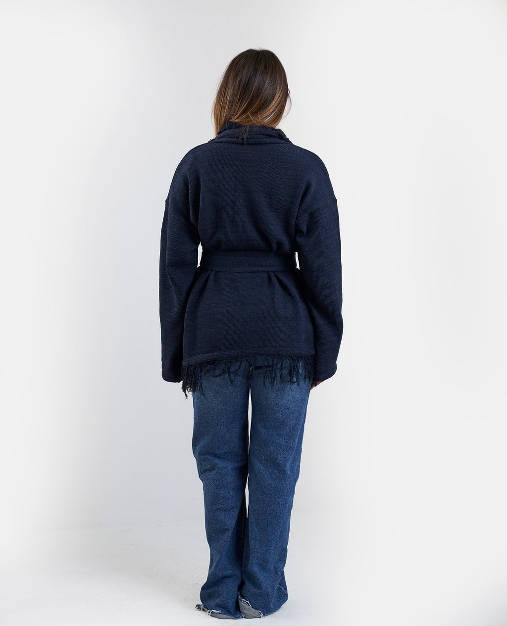 Fringe Knit Cardigan in Navy