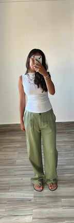Pure Linen Straight Fit Pants in Olive