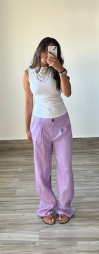Pure Linen Straight Fit Pants in Lilac