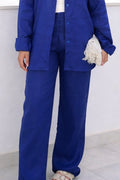 Pure Linen Straight Fit Pants in Blue
