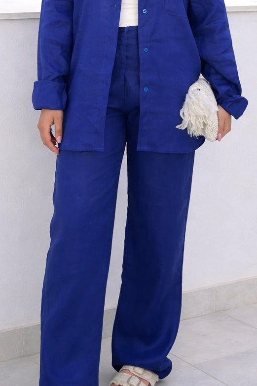 Pure Linen Straight Fit Pants in Blue