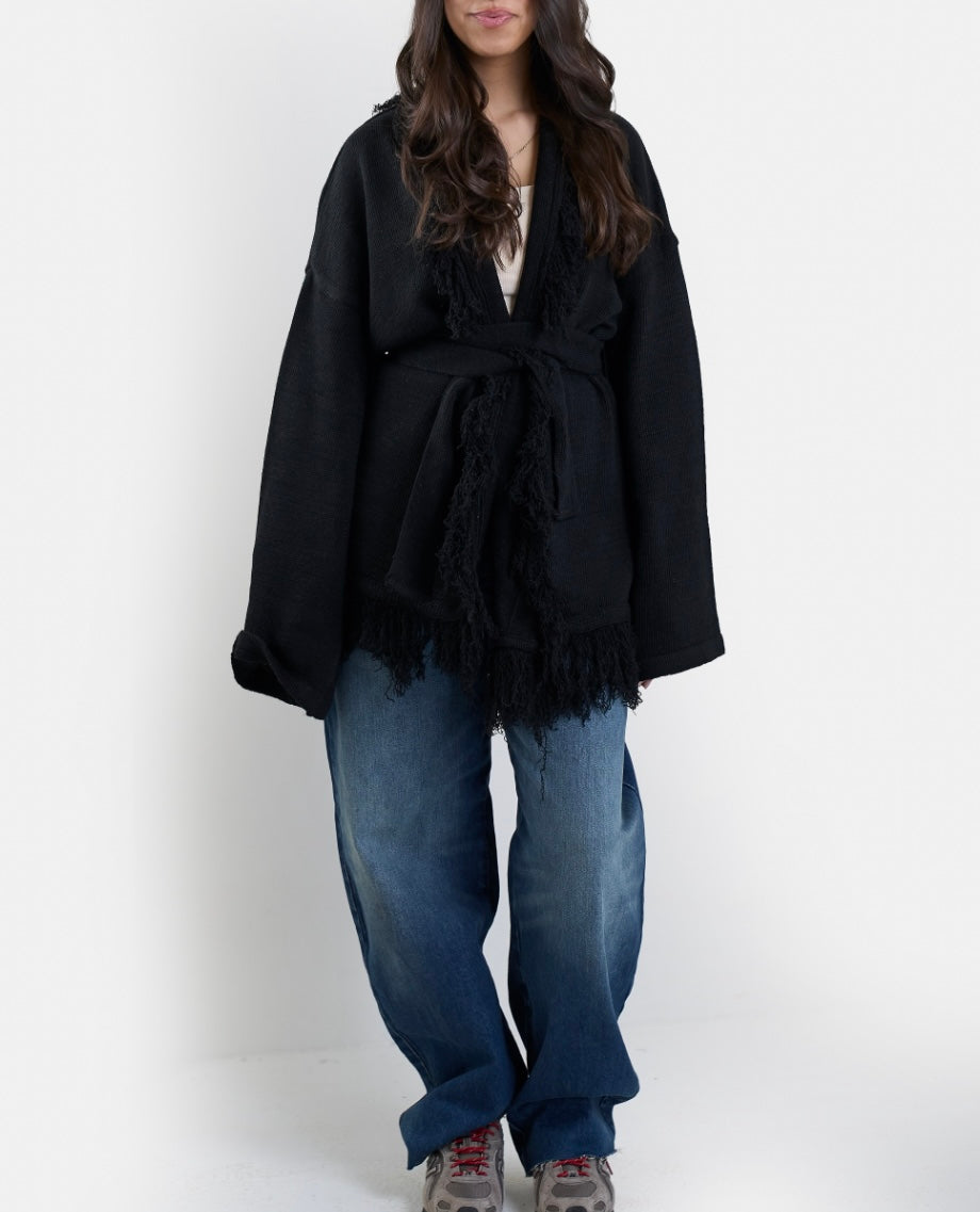 Fringe Knit Cardigan in Black