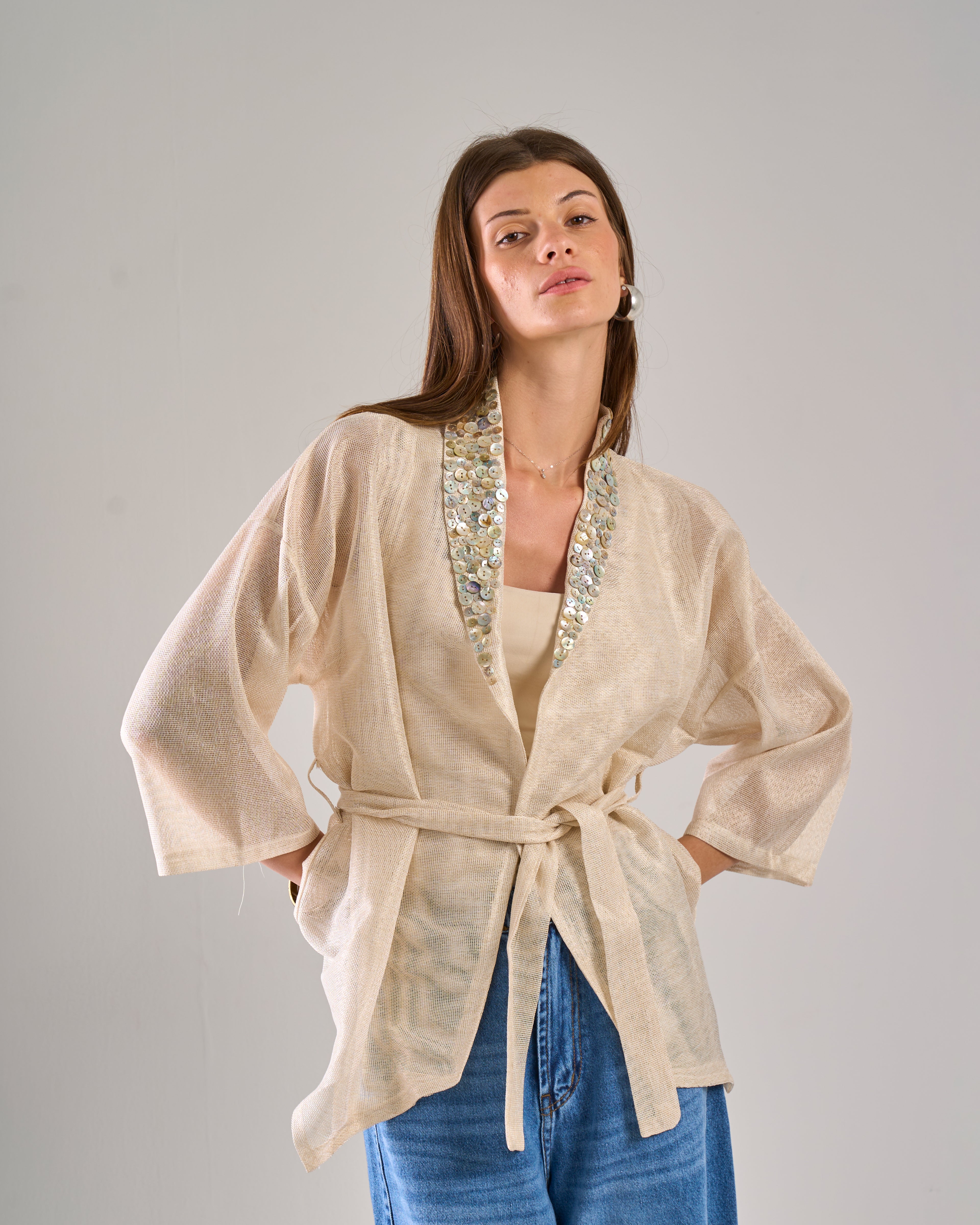 Pearl Buttons Cardigan in Beige