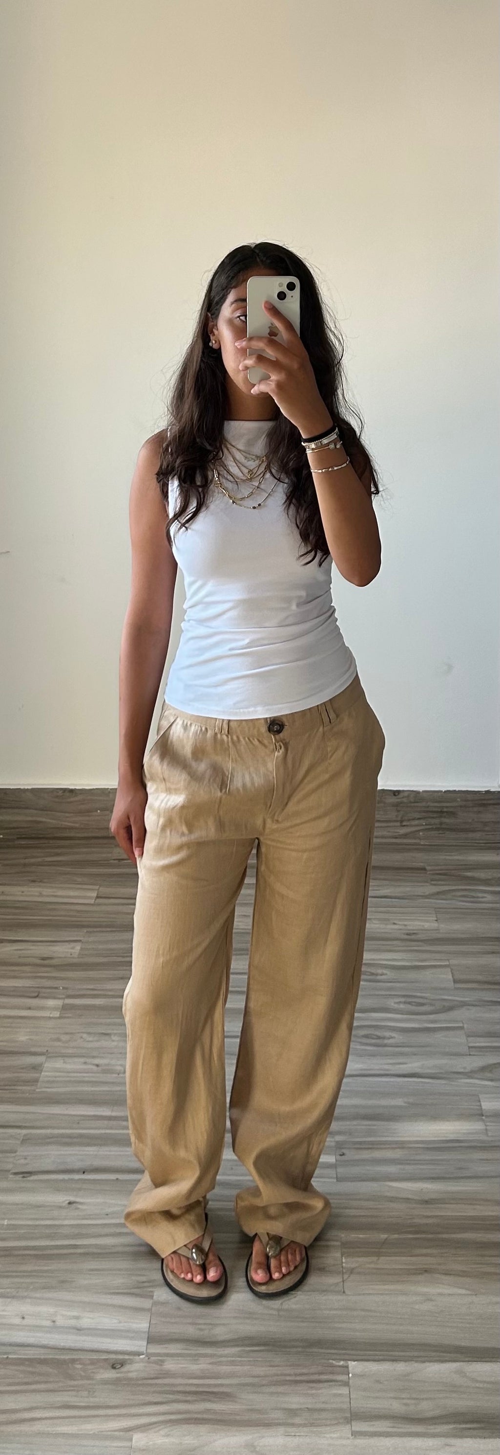 Pure Linen Straight Fit Pants in Beige