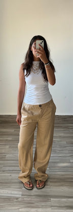 Pure Linen Straight Fit Pants in Beige