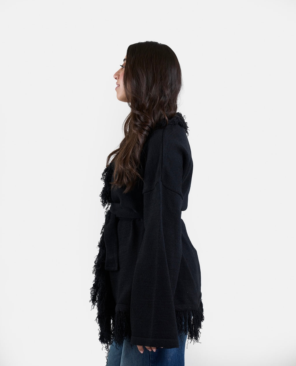 Fringe Knit Cardigan in Black