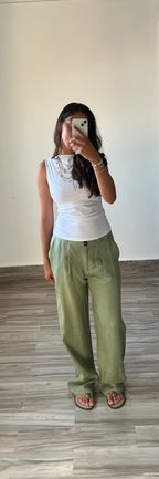 Pure Linen Straight Fit Pants in Olive