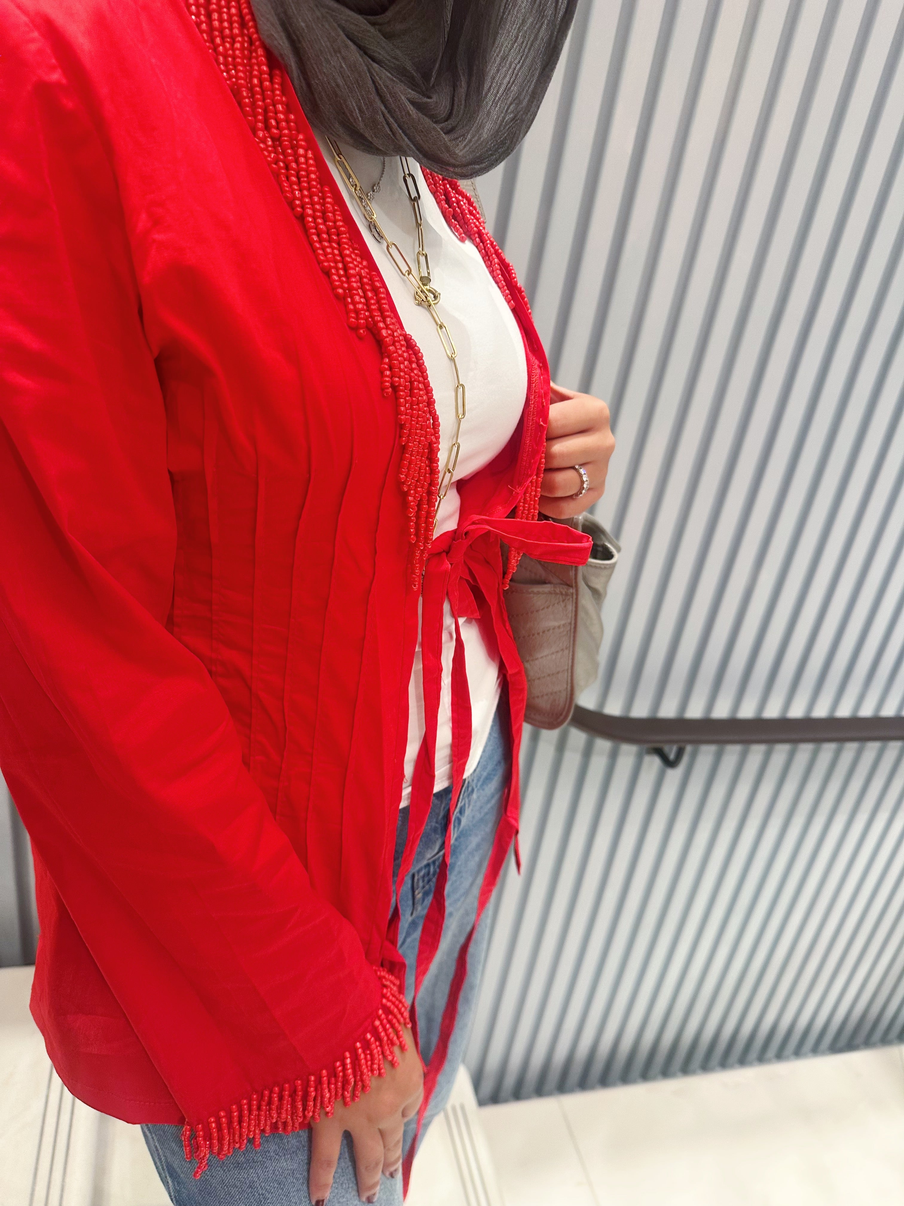 Pleats and Beads Red Top