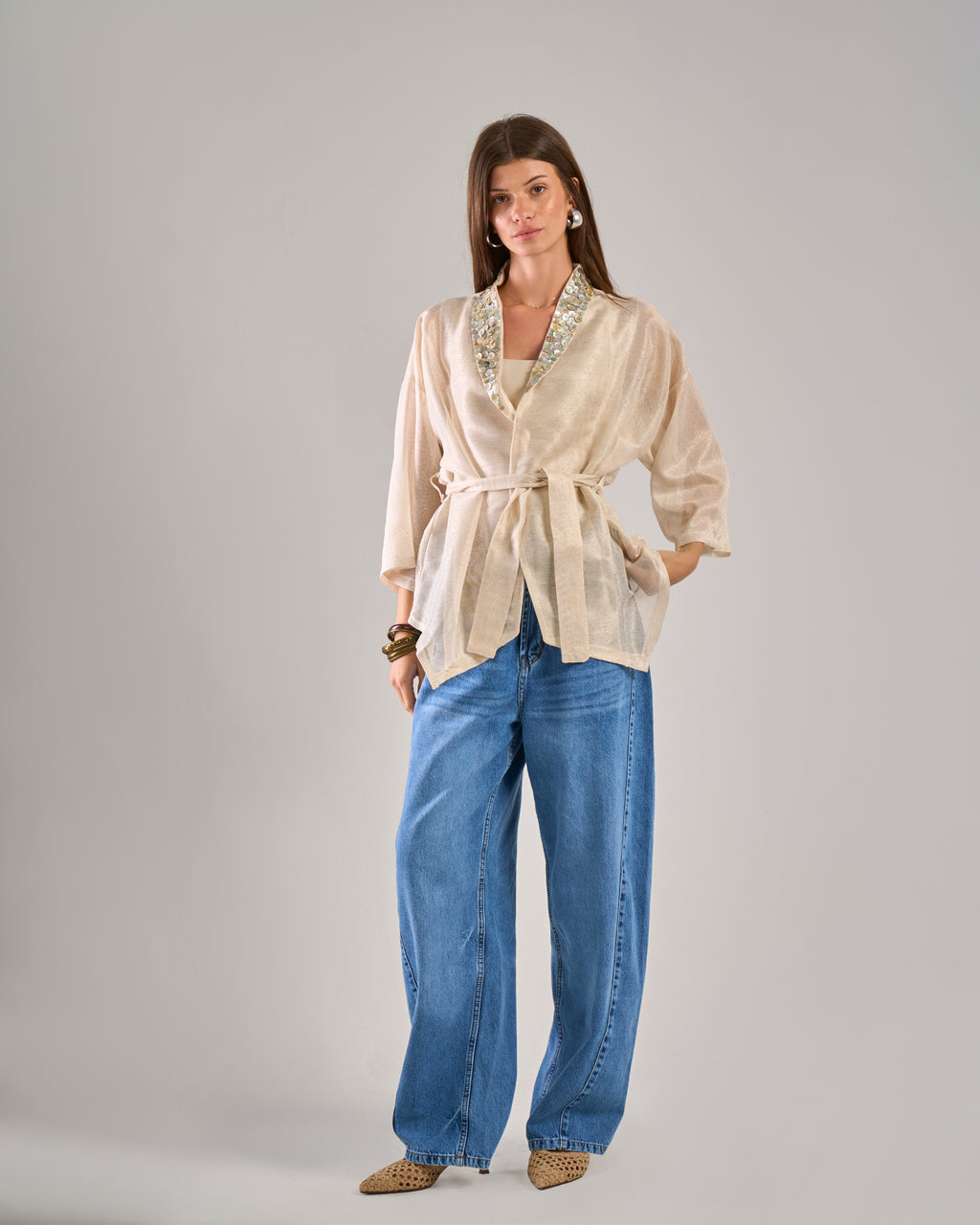 Pearl Buttons Cardigan in Beige