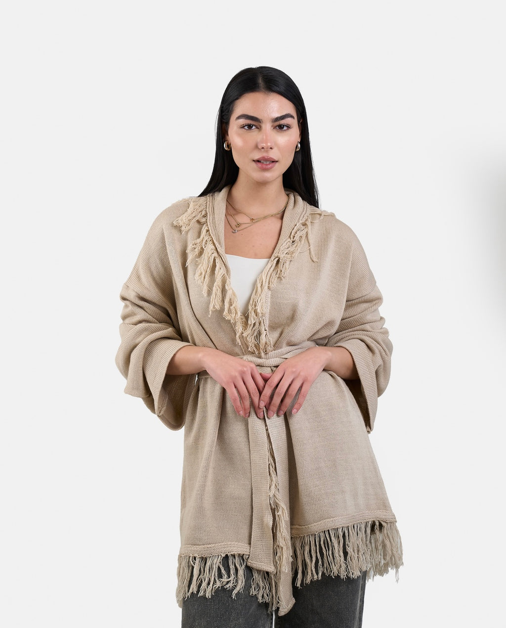 Fringe Knit Cardigan in Beige