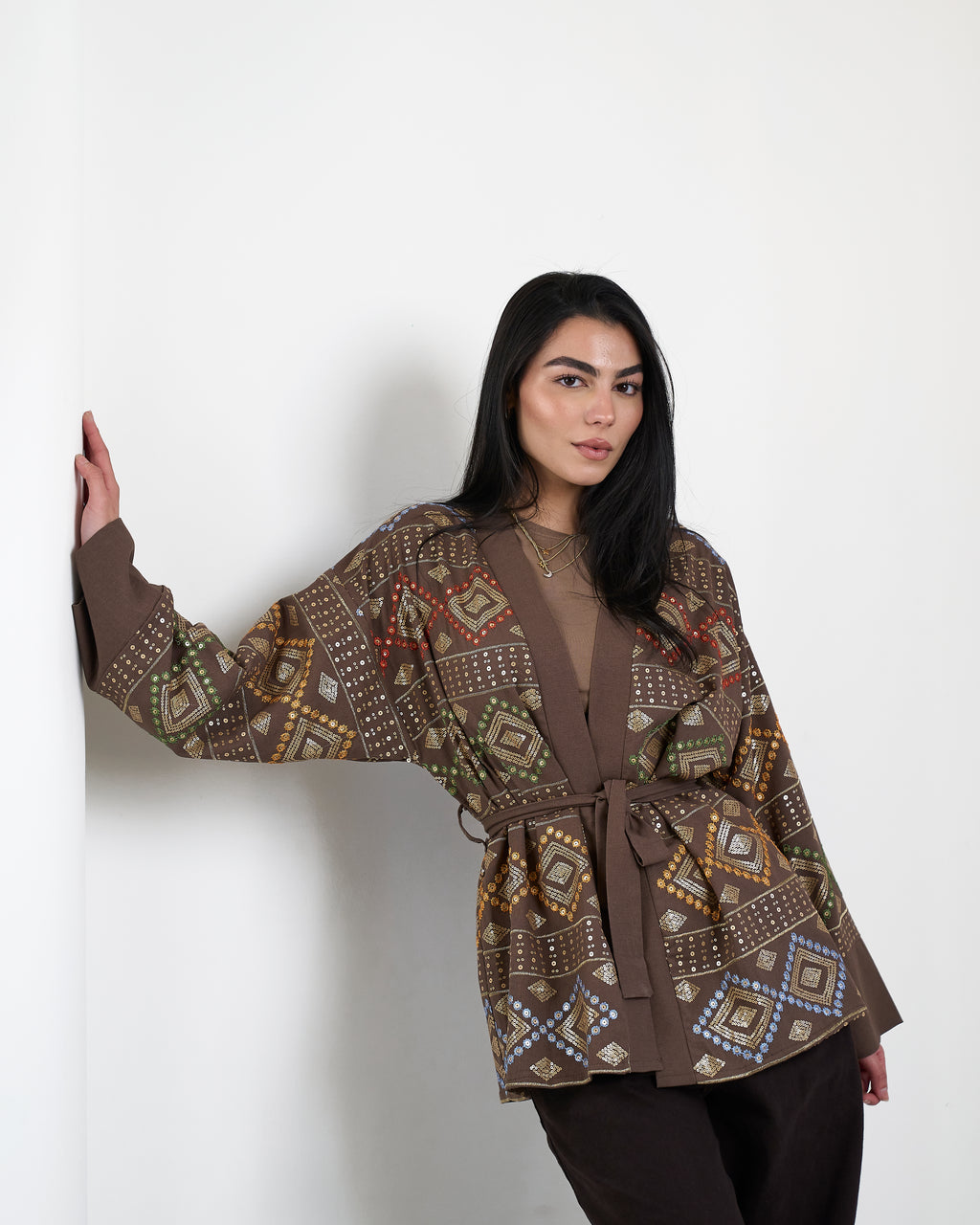 Embroidered Cardigan in Brown