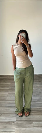 Pure Linen Straight Fit Pants in Olive