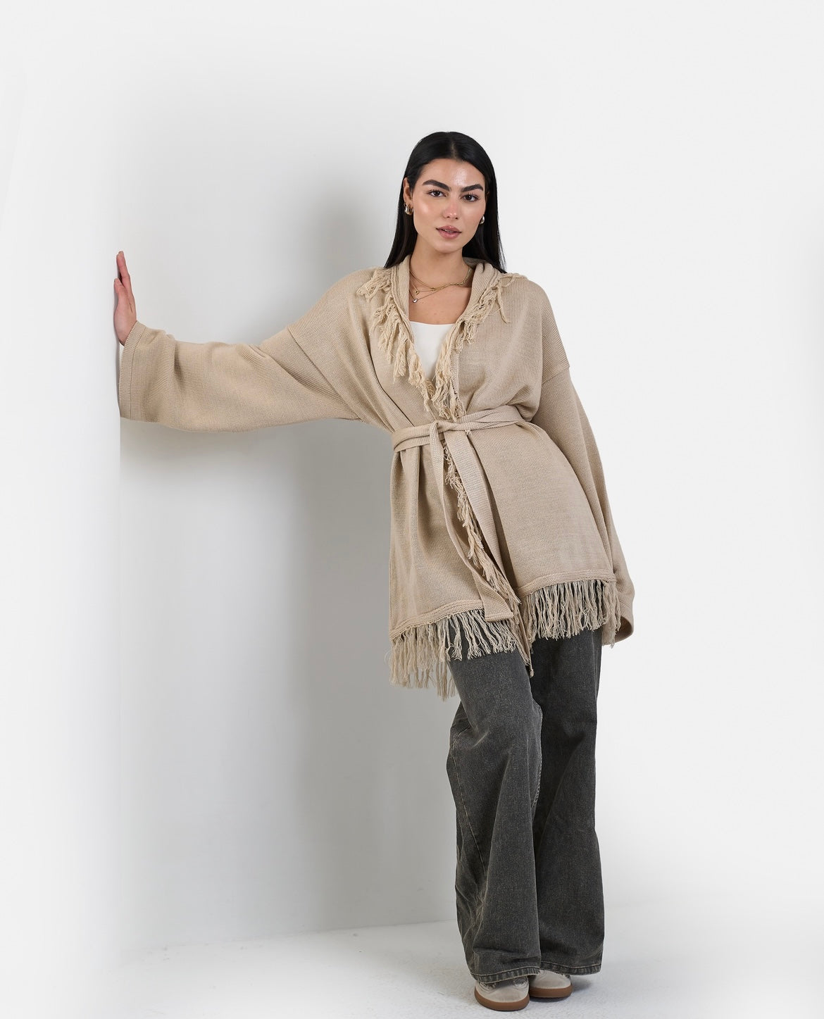 Fringe Knit Cardigan in Beige