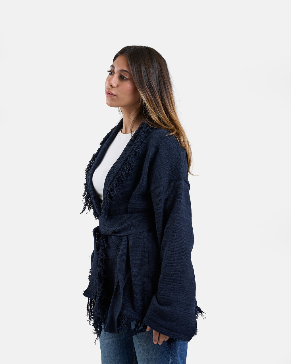 Fringe Knit Cardigan in Navy