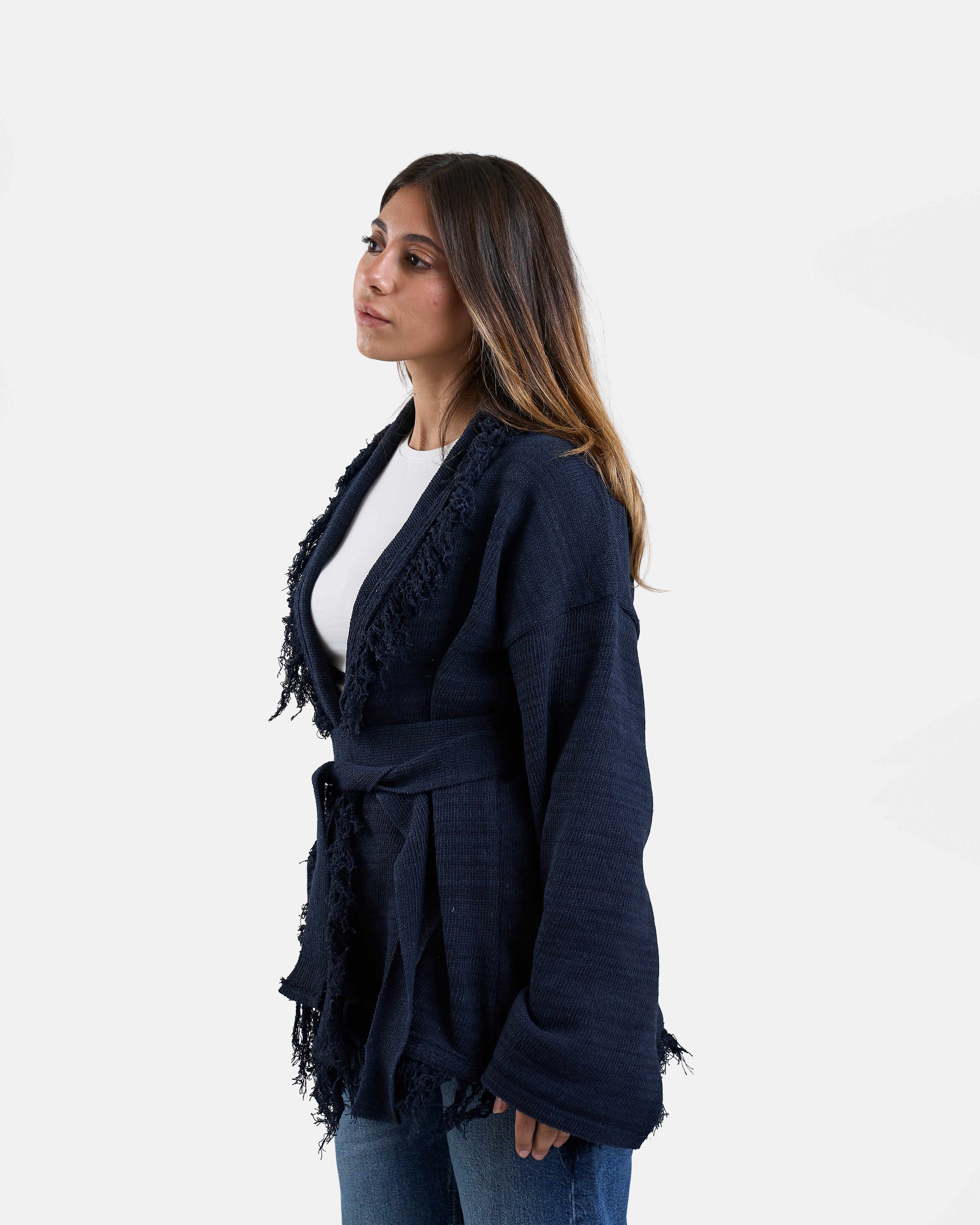 Fringe Knit Cardigan in Navy