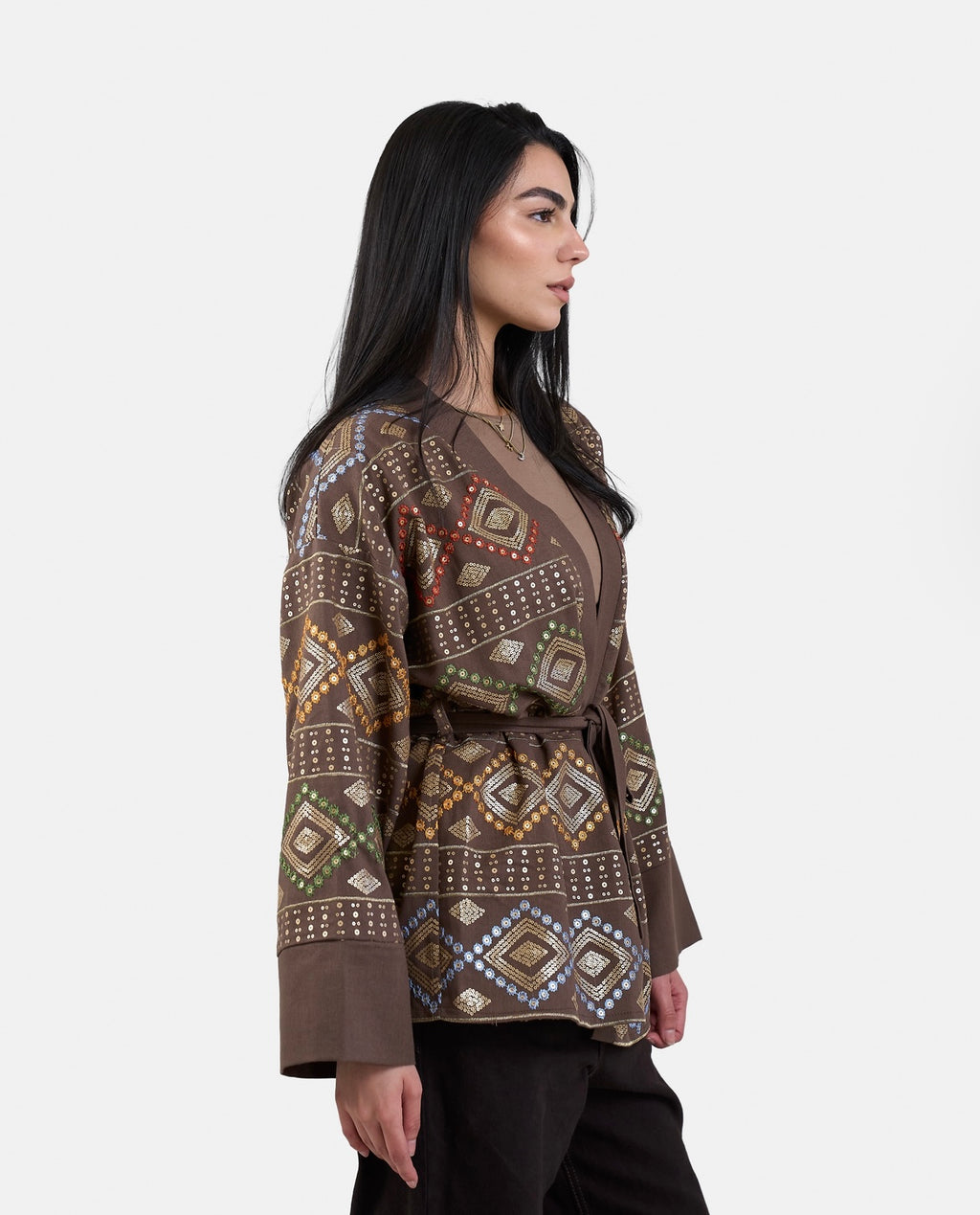 Embroidered Cardigan in Brown