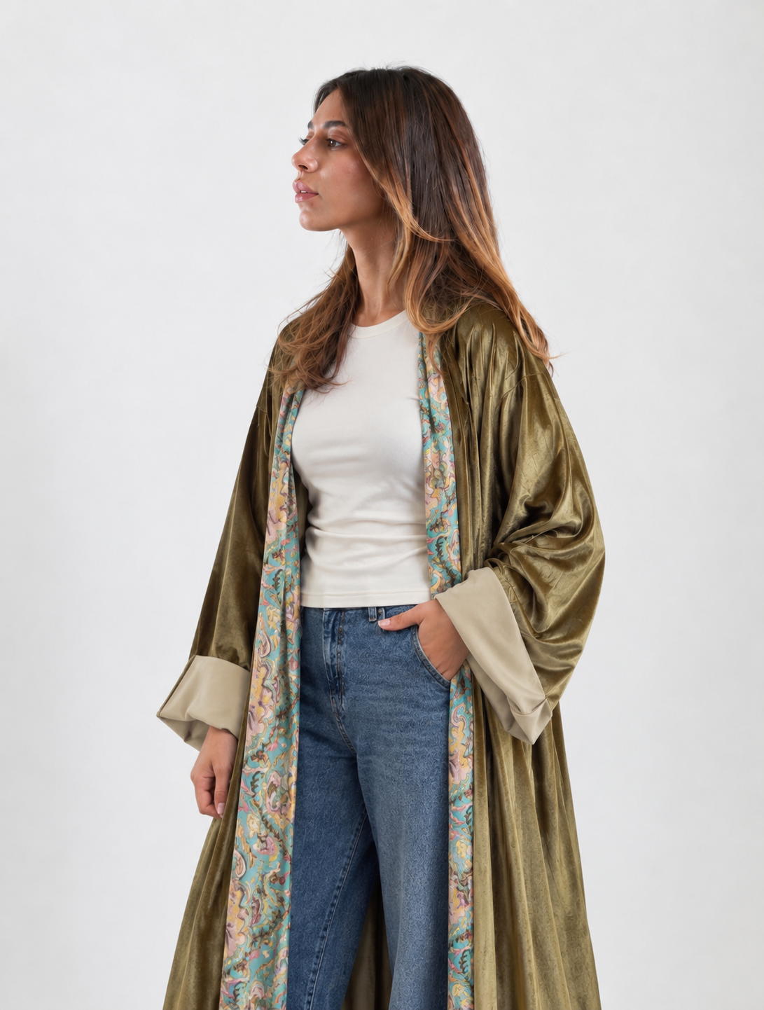 Velvet Kaftan with Paisley Beige Lining